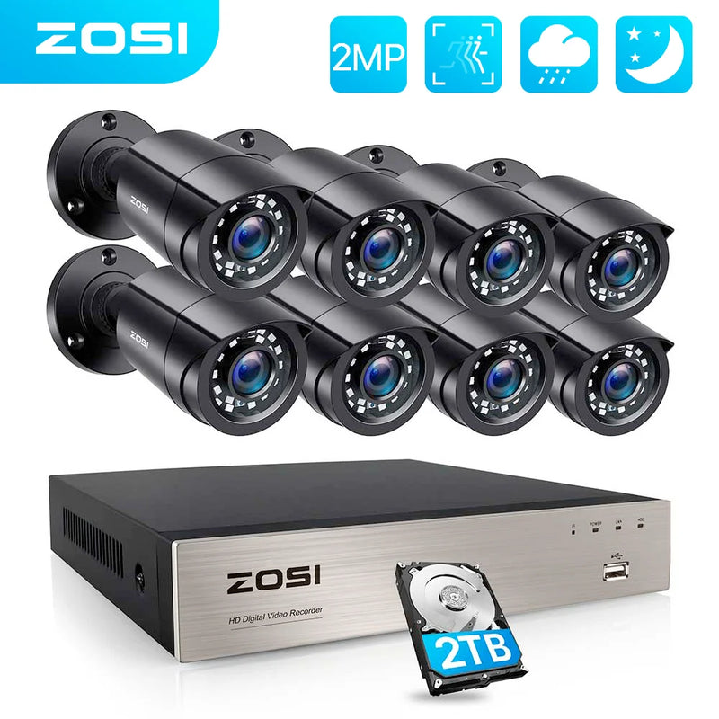 ZOSI 8CH CCTV System H.265+ 5MP Lite HD-TVI DVR kit 8 1080p 2MP