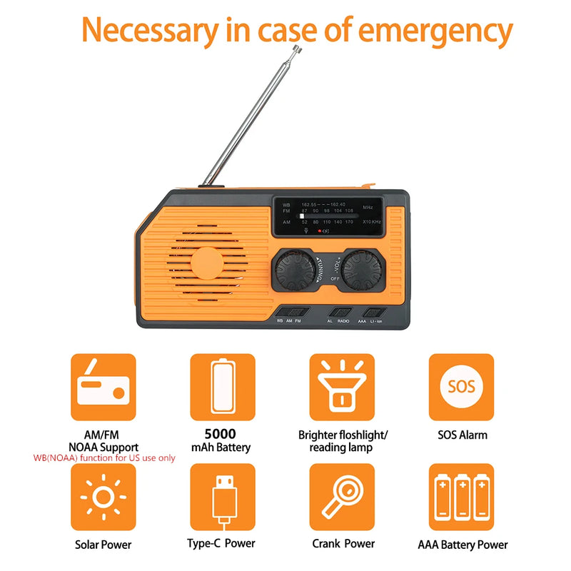 10000mAh Emergency Solar Power Radio USB Charging Hand Crank Radio